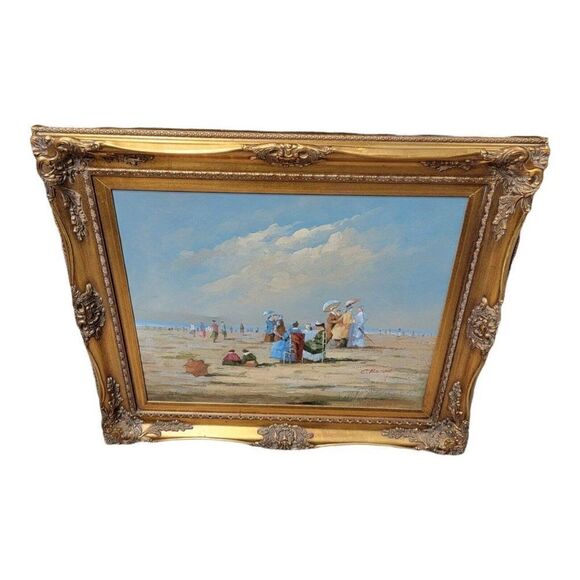 Ornately Framed "The Beach At Normandy" by C.Bailey French Impressionist signed